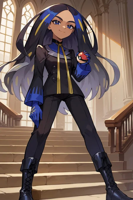score_9, score_8_up, score_7_up, score_6_up, source_anime, BREAK 1girl <lora:geeta-pdxl-nvwls-v1-000006:1> geeta, multicolored hair, neck ribbon, black jacket, black pants, gloves, mansion, smug, holding poke ball \(basic\), staircase, mansion, looking at you, black boots, indoors