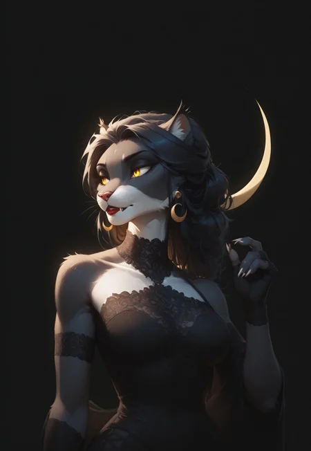 (Blend_in, black background), score_9, score_8_up, score_7_up, (high contrast, sidelightning, upper body), beautiful, 1girl, solo, Ember (ESO), Feline, Furry, Anthro, black and white fur, yellow eyes, crescent moon earrings, lace choker band, matte red lips, black evening dress, lace-trimmed fingerless elbow gloves, black clothes, bare shoulders, looking away, hand up, sharp nails