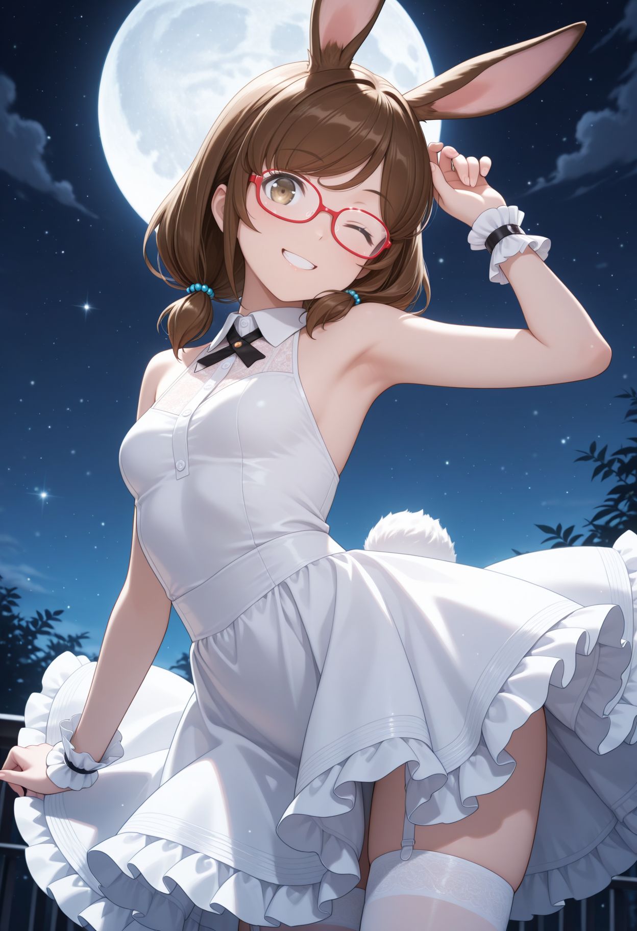 masterpiece,best quality,absurdres,highres,very aesthetic,high quality,detailed,insanely detailed,beautiful,perfect lighting, looking at viewer, looking at viewer, smile, 
 <lora:Momo Aoki:1>1girl, animal ears, white thighhighs, brown hair, one eye closed, full moon, white dress, glasses, smile, wrist cuffs, red-framed eyewear, low twintails, rabbit tail, small breasts, grin, armpits, looking at viewer, sleeveless, brown eyes, night sky