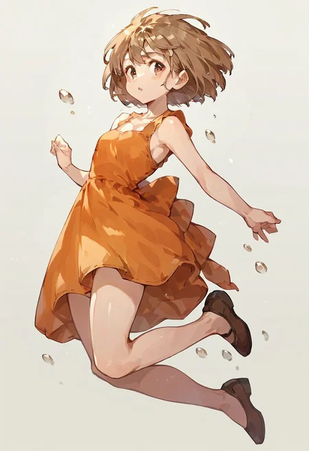 score_9, score_8_up, score_7_up, score_6_up, score_5_up,  <lora:jumpXLP:0.7> jump, jumping, 1girl, simple orange dress, brown short hair, light brown eyes,