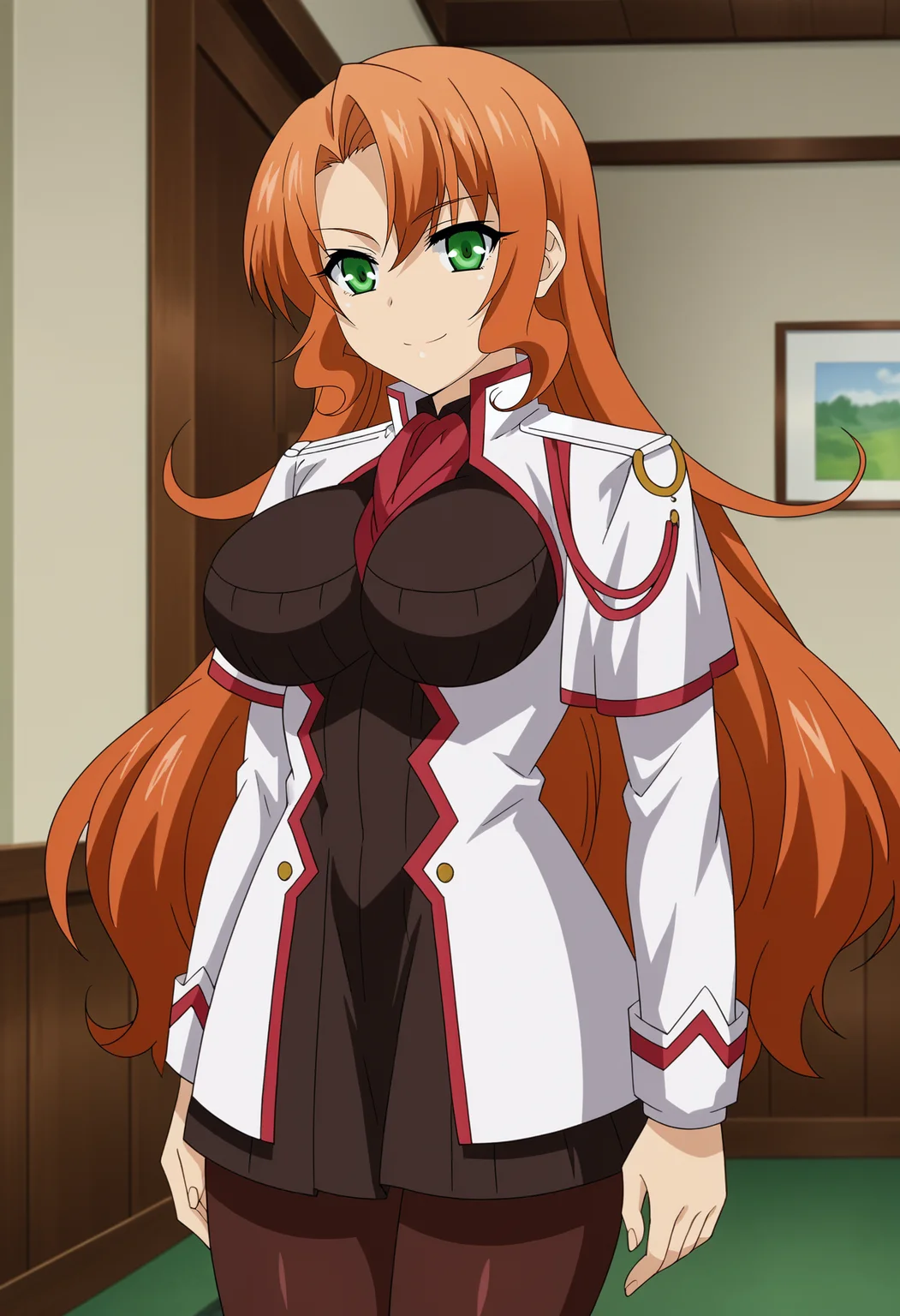 <lora:Rebecca_Randall-Seikoku_no_Dragonar:0.85>,Rebecca,1girl,solo,green eyes,long hair,orange hair,large breasts,uniform,pantyhose,cowboy shot,looking at viewer,indoors,smile