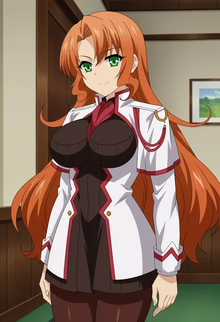 <lora:Rebecca_Randall-Seikoku_no_Dragonar:0.85>,Rebecca,1girl,solo,green eyes,long hair,orange hair,large breasts,uniform,pantyhose,cowboy shot,looking at viewer,indoors,smile