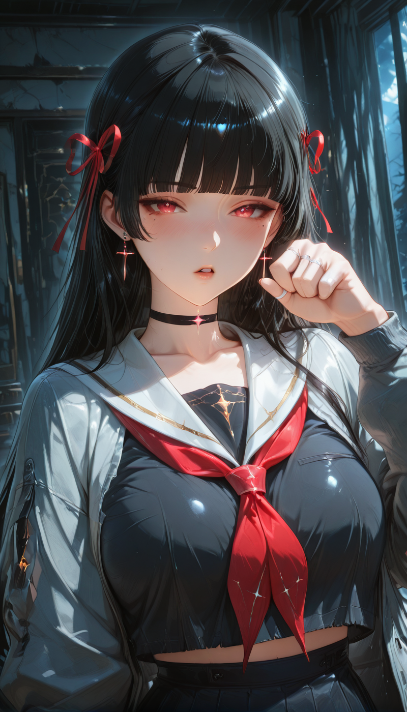 <lora:LCMTurboMix_Euler_A_fix:1> <lora:example_SDXL:0.3>, EZRealPONYXL, <lora:Dramatic Lighting Slider:3> <lora:realistic filter [IL]:1>
DSLR,realistic,cosplay photo, (very awa,masterpiece,best quality,year 2024,newest,absurdres,highres:1), realistic,skin texture,facial features, photography shot with Canon EOS 5D Mark IV , realistic, RAW, best quality, masterpiece, amazing quality, skin details,
1girl, highly detailed beautiful face, large natural breasts,
detailed background, shiny skin, dutch angle, night, moonlight,
beautiful detailed eyes, intricate details, absurdres, anime screencap,
 <lora:Chisa_WWave_ILXL_kill0825:1>
WWChisa, long hair, breasts, black hair, red eyes, hair ribbon, earrings, parted lips, mole, red ribbon, mole under eye, black choker, cross, hime cut, cross earrings, latin cross, blunt bangs, straight hair,
shirt, skirt, long sleeves, ribbon, jewelry, jacket, school uniform, collarbone, earrings, pleated skirt, open clothes, serafuku, black skirt, sailor collar, open jacket, red ribbon, black shirt, neckerchief, thigh strap, black choker, ring, cross, red neckerchief, white sailor collar, black serafuku, grey jacket, midriff peek, multiple rings, necktie, miniskirt, crop top, high-waist skirt, crop top overhang, 
blush, looking_at_viewer, paw pose, half-closed eyes, open mouth, embarrassed, open mouth, upper body, indoors, bedroom,