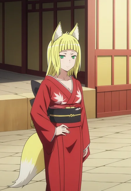 score_9, score_8_up, score_7_up, source_anime,
BREAK
1girl, solo, anime screencap, anime coloring,
<lora:shiHaruhimeV1:1>, shiharuhimekimono, fox ears, fox tail,
long hair, blonde hair, green eyes, blunt bangs,
red kimono, japanese clothes, sash, obi, long sleeves, wide sleeves,
looking at viewer, hand on own hip, outdoors,
