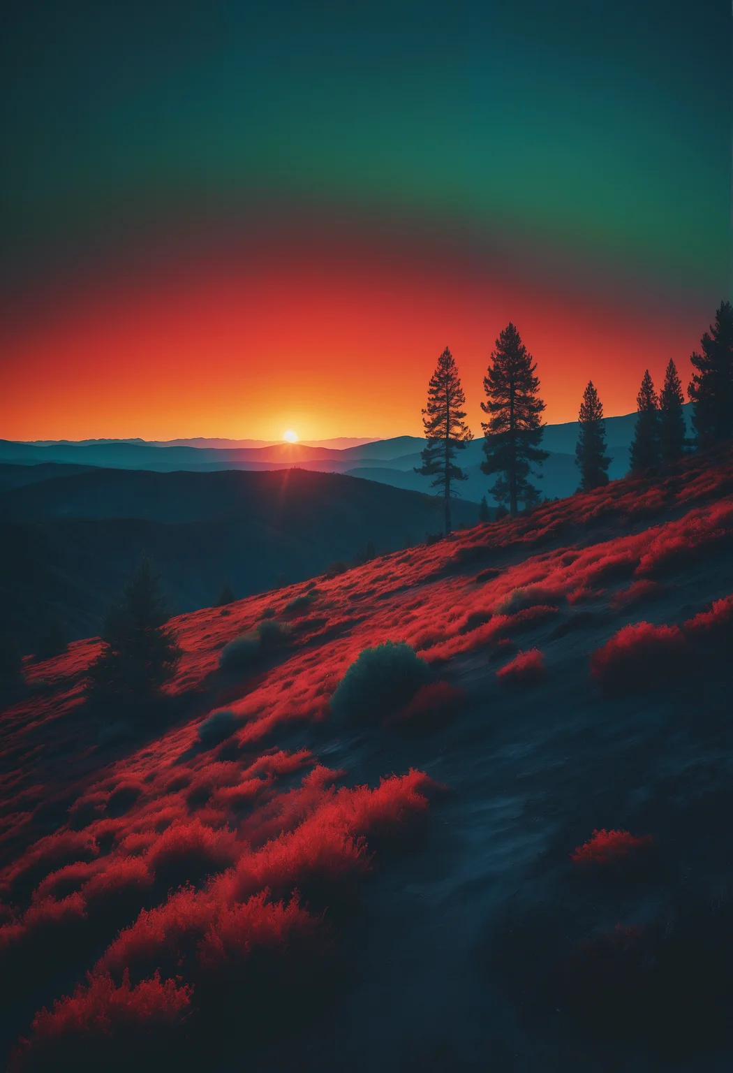 A vivid gradient of vernal red paint, A dramatic composition. Black shadows in the background, contrast patterns reminiscent and contrasting with the natural colors that form the canvas itself as well from an open sky perspective: blueshifted greenshadows and deep blue accents. The foreground is filled by a vibrant sunset horizon on the west side while the scene fades into warm light through a, Film grain, cinematic film still, highly detailed, highly contrasted, dynamic pose, high budget, sharp focus, cinemascope, gorgeous, 2000s vintage RAW photo, photorealistic, color graded cinematic, natural, extreme quality