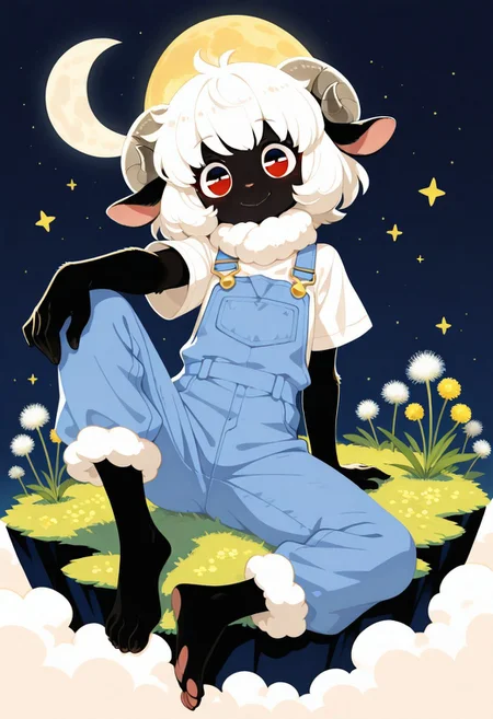 1 girl , sheep girl , anthro , furry , black skin , white wool , neck wool , overall , cute , smile , fluffy hair , big eye , short sleeves , dandelion meadow, barefoot , looking at viewer , moon , star , one knee up , out stretched leg ,
masterpiece, best quality ,amazing quality ,haiz_ai , no lineart ,no outline, vfaix,