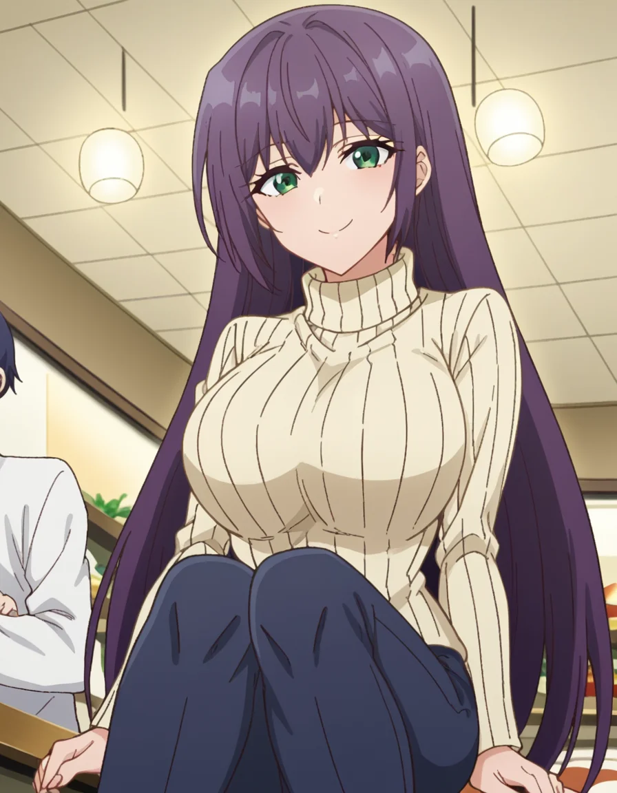 score_9, score_8_up, score_7_up, source_anime, <lora:yutaka-shinozaki-s1-ponyxl-lora-nochekaiser:1>, yutaka shinozaki, long hair, bangs, very long hair, green eyes, purple hair,, large breasts, mature female, long sleeves, pants, sweater, turtleneck, ribbed sweater, turtleneck sweater, blue pants, white sweater, restaurant, laughter, good food, warm lighting, celebration, smile, hands on own knees, looking at viewer, solo,, dutch angle, cowboy shot