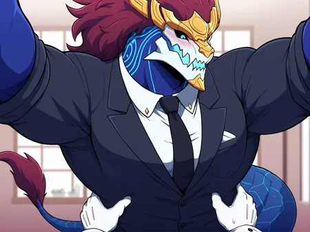 masterpiece,best quality,toraya \(doujintraya\),konya karasue,anime coloring,anime screenshot,bara,(barazoku:1.15),(muscular,big muscles,muscular male:1.1),cowboy shot,(pov,:1.1),(pov_hands:1.1),(hand on another's hip),1boy,furry male,dragon,aurelion sol,skull head,blue skin,yellow headgear,blue eyes,black sclera,(blue body markings:0.9),5 fingers,red hair,tail tuft,big muscles,<lora:aurelion sol_noob_prodigy-000040:1>,butler uniform,white_shirt under clothes,black tuxedo,necktie,white gloves,headgear,
standing,blush,surprised,bedroom,window,detailed background,aurelion sol is opening his hand helplessly,spread arms,