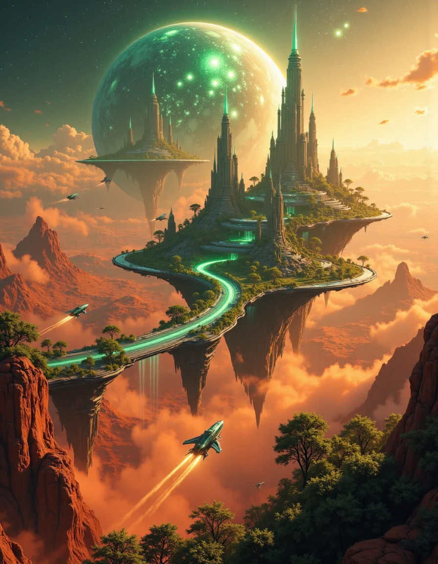 Suspended in the vast expanse of space, a mesmerizing chain of islands drifts serenely in orbit around the red planet, Mars. Each island hovers at a different altitude, their surfaces adorned with lush, emerald foliage that flourishes beneath the glimmering force fields enveloping them like protective shields. The shimmering barriers ripple like liquid light, refracting the harsh glow of distant stars and painting the sky with an ethereal iridescence.
Expansive land bridges connect these celestial wonders, their structures crafted from advanced alloys that gleam under the golden radiance of a nearby sun. Towering skyscrapers, sleek and futuristic, rise like monolithic sentinels from the dense greenery, their crystalline facades pulsing with streams of neon energy. Some seem to touch the heavens, their uppermost floors disappearing into the wisps of cosmic mist that swirl around them.
Above and below, sleek shuttles weave through the intricate pathways of this orbital oasis, descending gracefully toward the Martian surface in choreographed arcs of propulsion and light. Each craft leaves behind a faint, luminescent trail as it navigates through the shimmering force fields, vanishing into the crimson haze that blankets the planet below. The scene is a breathtaking fusion of sci-fi wonder and mystical grandeur, rendered in stunning 8K detail with the magic of Unreal Engine, Octane Render, and the unparalleled realism of ray tracing. It is a vision of a world where technology and fantasy entwine, suspended in the cosmos like an artistâs dream brought to life. <lora:Flux_Detailer_v3:0.8> Jeddtlv3 <lora:Test:0.8> n1t3_du5t