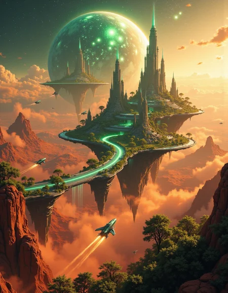 Suspended in the vast expanse of space, a mesmerizing chain of islands drifts serenely in orbit around the red planet, Mars. Each island hovers at a different altitude, their surfaces adorned with lush, emerald foliage that flourishes beneath the glimmering force fields enveloping them like protective shields. The shimmering barriers ripple like liquid light, refracting the harsh glow of distant stars and painting the sky with an ethereal iridescence.
Expansive land bridges connect these celestial wonders, their structures crafted from advanced alloys that gleam under the golden radiance of a nearby sun. Towering skyscrapers, sleek and futuristic, rise like monolithic sentinels from the dense greenery, their crystalline facades pulsing with streams of neon energy. Some seem to touch the heavens, their uppermost floors disappearing into the wisps of cosmic mist that swirl around them.
Above and below, sleek shuttles weave through the intricate pathways of this orbital oasis, descending gracefully toward the Martian surface in choreographed arcs of propulsion and light. Each craft leaves behind a faint, luminescent trail as it navigates through the shimmering force fields, vanishing into the crimson haze that blankets the planet below. The scene is a breathtaking fusion of sci-fi wonder and mystical grandeur, rendered in stunning 8K detail with the magic of Unreal Engine, Octane Render, and the unparalleled realism of ray tracing. It is a vision of a world where technology and fantasy entwine, suspended in the cosmos like an artistâs dream brought to life. <lora:Flux_Detailer_v3:0.8> Jeddtlv3 <lora:Test:0.8> n1t3_du5t