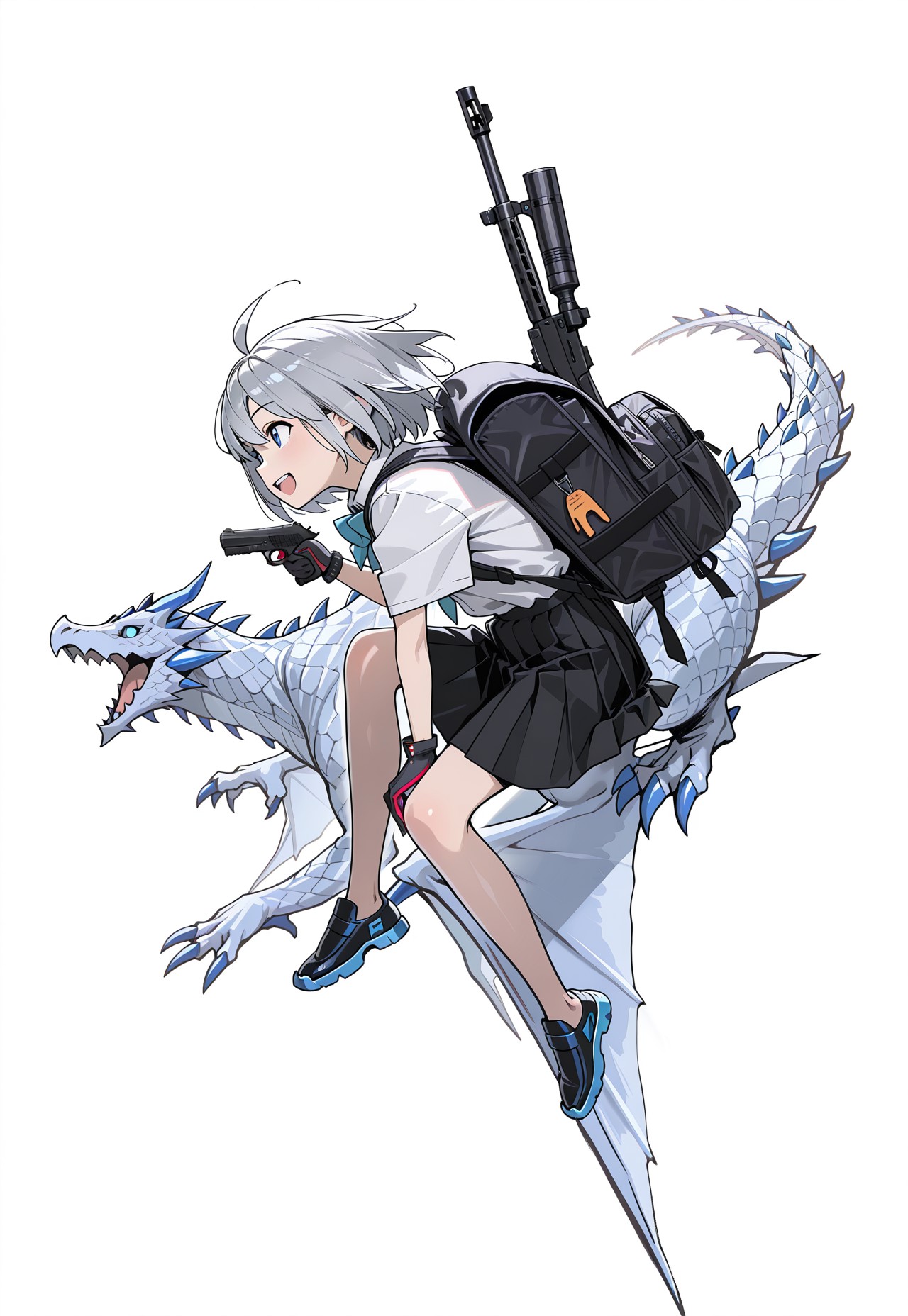 WALLPPR_ST, masterpiece, best quality, very aesthetic, high resolution, ultra-detailed, absurdres, newest, detailed eyes, beautiful, perfect lighting, hi res, amazing quality, very awa, painting_(artwork), dynamic angle, dynamic pose, WALLPPR_ST, 1girl, ahoge, white background, short hair, gloves, backpack, grey hair, bag, simple background, gun, open mouth, sitting, blue eyes, weapon, pleated skirt, animal, white shirt, school uniform, black skirt, smile, cat, shoes, dragon