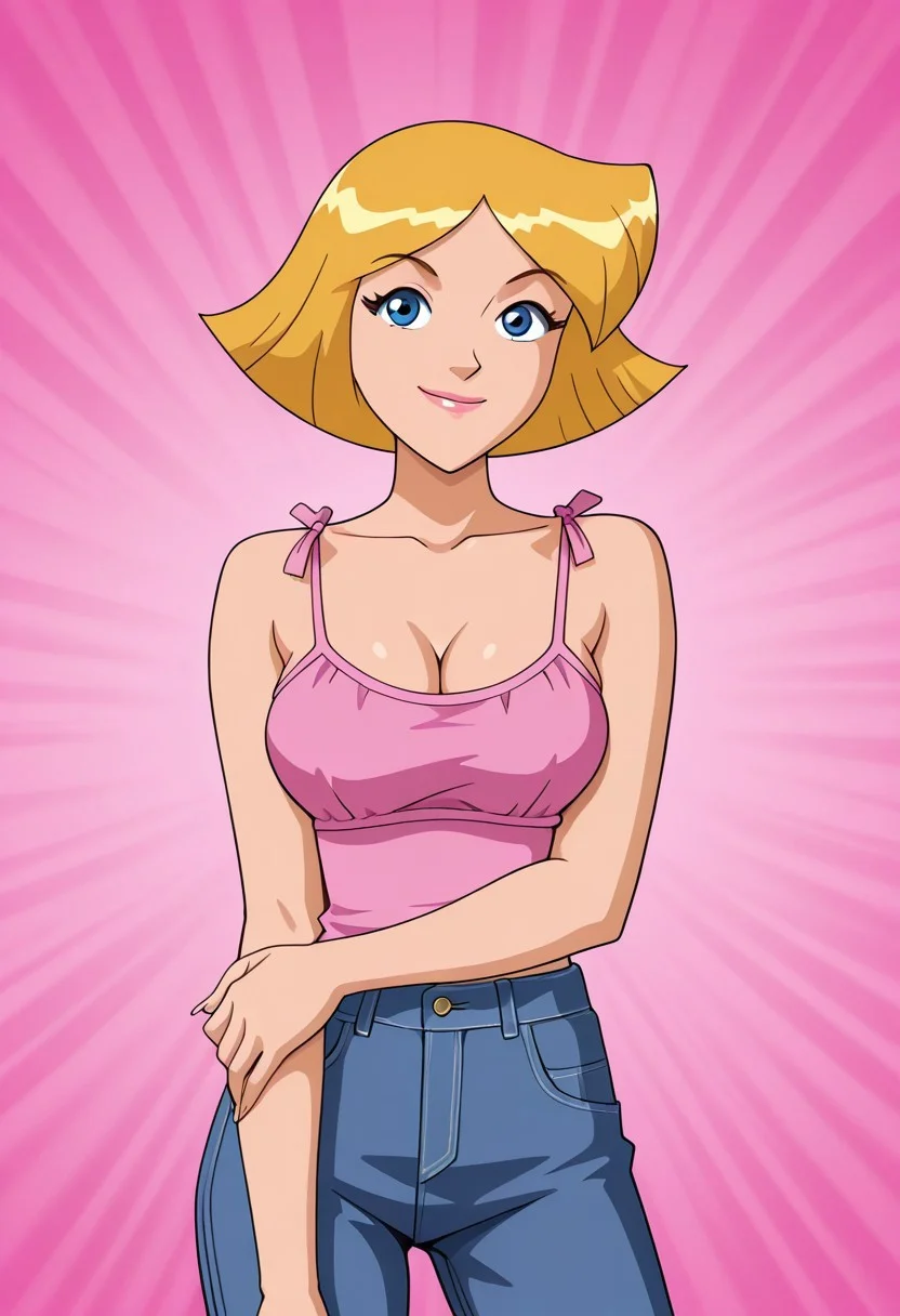 masterpiece, best quality, good quality, 1girl, solo, cartoon, parody, official style, cl0ver_totally_spies, short hair, blonde hair, blue eyes, casual, sexy, large breasts, cleavage, beautiful, detailed, high detailed, very beautiful, detailed face, detailed eyes, detailed hand, fingernails, long nails, abstract background, smile, posing, pose, looking at viewer, face focus