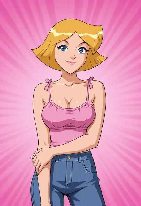 masterpiece, best quality, good quality, 1girl, solo, cartoon, parody, official style, cl0ver_totally_spies, short hair, blonde hair, blue eyes, casual, sexy, large breasts, cleavage, beautiful, detailed, high detailed, very beautiful, detailed face, detailed eyes, detailed hand, fingernails, long nails, abstract background, smile, posing, pose, looking at viewer, face focus