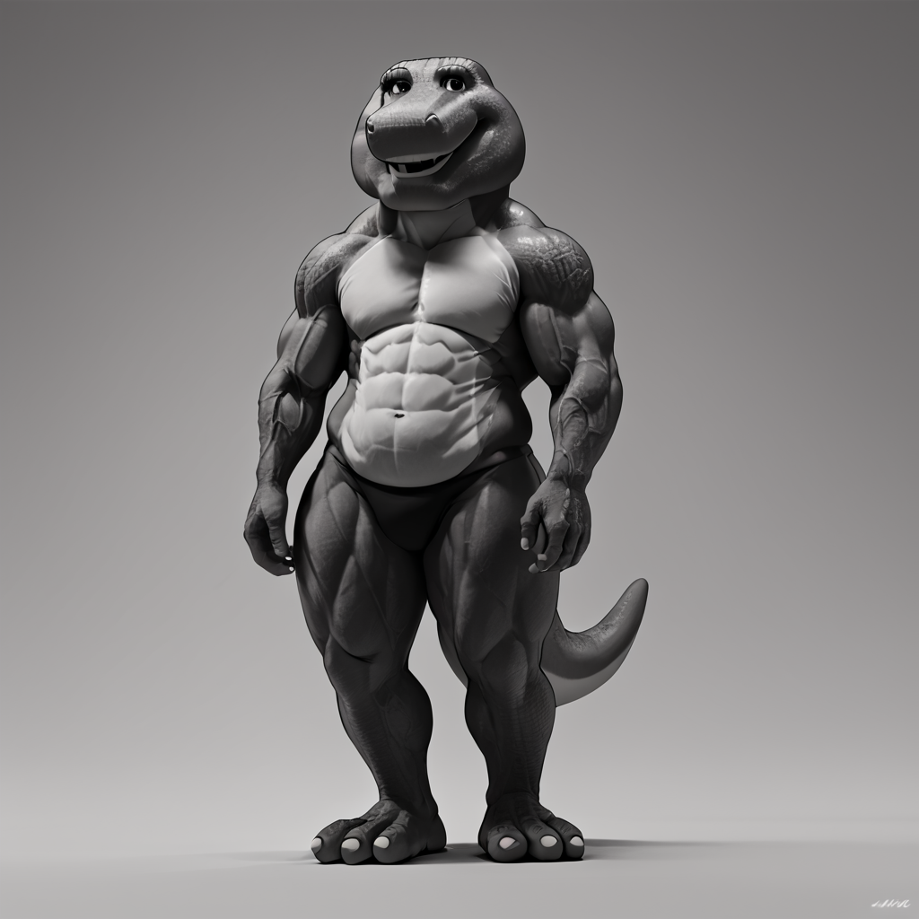 score_9, score_8_up, score_7_up, score_6_up, source_cartoon, BREAK, 1boy, barney the dinosaur, gigachad, black and white, smile, posing, chiseled jawline, muscular, 2D, full body <lora:Barney_the_Dinosaur:1>  <lora:gigachad:1>
