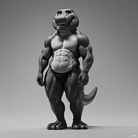 score_9, score_8_up, score_7_up, score_6_up, source_cartoon, BREAK, 1boy, barney the dinosaur, gigachad, black and white, smile, posing, chiseled jawline, muscular, 2D, full body <lora:Barney_the_Dinosaur:1> <lora:gigachad:1>