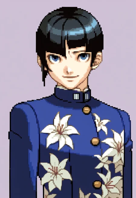 score_9, score_8_up, score_7_up, source_anime, BREAK, solo, 1boy, looking at viewer, smile, <lora:Ace-Attorney-Portraits-pdxl_Fp:1>, portrait, pixel art, simple background, upper body, <lora:SmtV-Protag-pdxl_Fp:1>, smtvprotag, bob cut, blunt bangs, black hair, blue eyes, school uniform, blue pants, floral print, long sleeves, single sidelock, androgynous, closed mouth,
