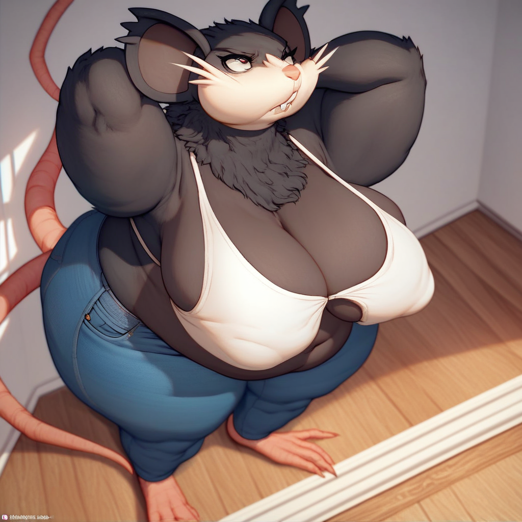 score_9, score_8_up, score_8, furry, Alolan Raticate, rat, black fur, pokemon (creature), cartoon style, smooth lines, countershading, soft shading, 2d, extreme detail, 4K, high definition, high resolution, overweight female, chubby, fat, extra thicc, huge breasts, voluptuous, thick thighs, wide hips, bikini top, blue jeans, cleavage, breasts partially exposed, nipple bulge, standing, high angle, one arm behind head, stoic expression, unamused expression, looking up, inside
