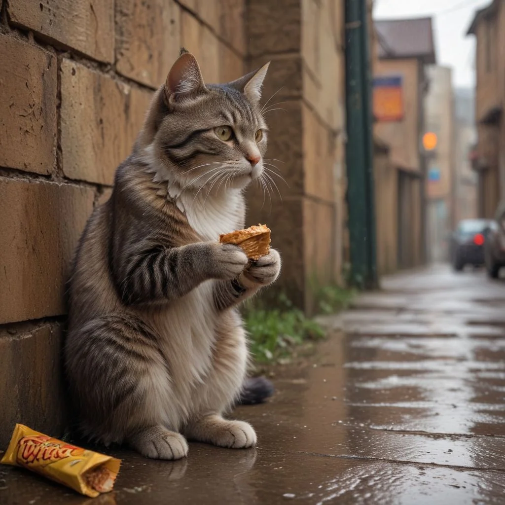 Photograph of a sitting cat eating a Twix, he is in a grunge environment, a city, walls, tags, it is raining, he is under a shelter, realistic style, 8K, canon 5D, 50mm lens, 1.2, very detailed, realistic rendering, full body, natural lighting, photography, no defects, the overall composition is majestic, very beautiful realistic photo