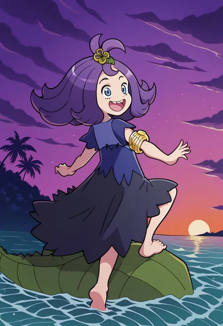 Score_8_up, score_7_up, Score_9, BREAK, 1girl, solo, Acerola, tropical forest, palm tree, river, water1default1, purple dress, torn dress, hair ornament, gold armlet, smile, short sleeves, open mouth, stitches, sitting on rock, barefoot<lora:EMS-404742-EMS:1.000000>
Tick tock crocodile,male animal focus, crocodile open large mouth ,green skin, blue eyes, Tick Tock the crocodile is giant and very huge,teeth, swimming in water,partially submerged,Tick Tock the crocodile looking at a young indigenous who standing on dry land in front of the river in height above the crocodile. river,palm trees, jungle tropical, Disney, anime
