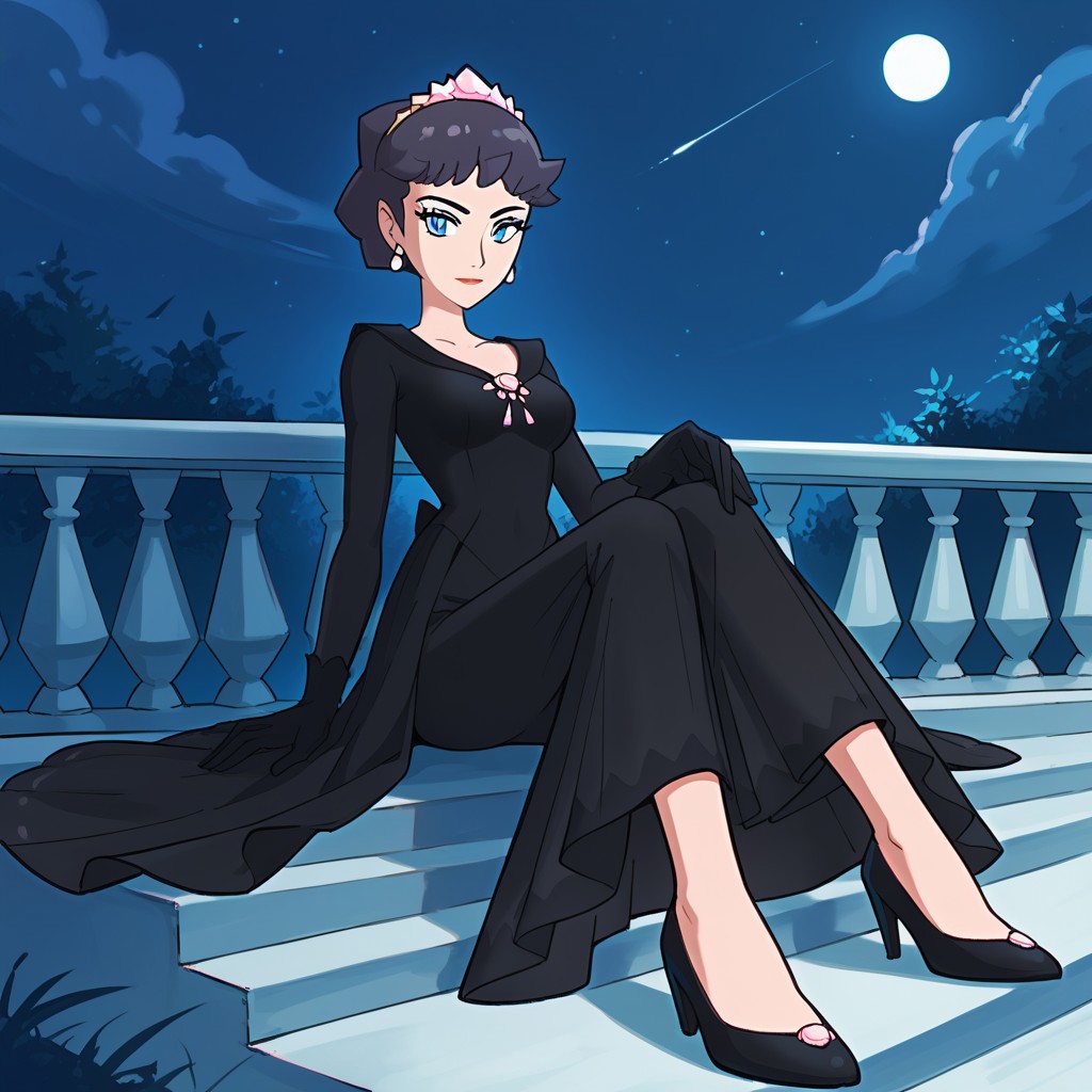 2d, 1girl, solo, sitting, night, sygdiantha, def_colors, short_hair, black_hair, blue_eyes, tiara, black_dress, black_gloves, earrings, jewelry, shoes, high_heels, black_footwear, score_9,score_8_up,score_7_up,source_anime