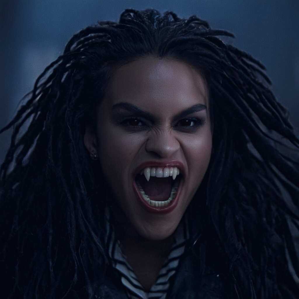 cinematic film still of  <lora:perfection style:0.5> perfection style
 <lora:fang:0.8>
vampire fangs teeth a woman with a very big grin on her face, scary, thriller, horror style, gothic movie themed, sharp, detailed, epic cinematic photography, artistic, creative, dramatic light, cinematic color style, Kodak film style, vampire fangs teeth style, vampire teeth style, vampire fangs style, 1girl, solo, long hair, looking at viewer, black hair, jewelry, earrings, teeth, dark skin, dark-skinned female, lips, portrait, realistic, dark, dreadlocks, open mouth, makeup, fangs, photorealistic, sharp asymmetrical small teeth
, shallow depth of field, vignette, highly detailed, high budget, bokeh, cinemascope, moody, epic, gorgeous, film grain, grainy