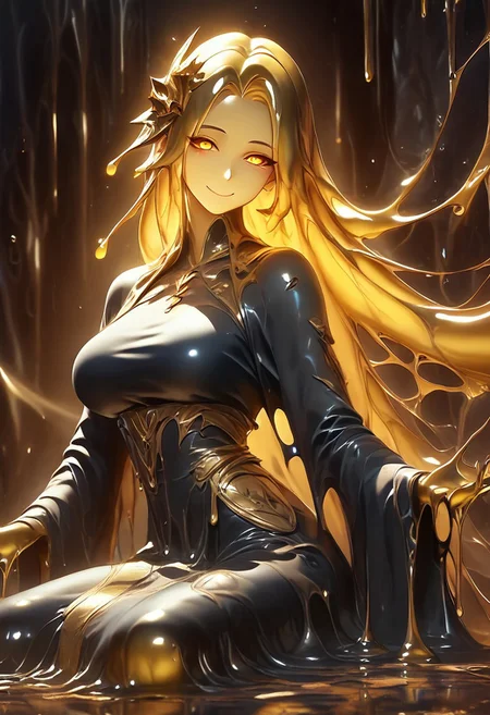 score_9, score_8_up, score_9_up, score_7_up, high quality, masterpiece, highly detailed, 1 girl, (((black slime girl))), large breasts, girl see through body. DonM5h4d0wM317XL, gold and black kimono dress, golden hair ornament, long hair, glowing golden eyes, sexy pose, dark forest background, sexy smile