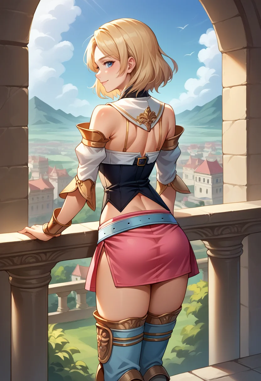 score_9, score_8_up, source_anime, 1girl, solo, Ashelia, medium hair, blonde hair, blue eyes, detached collar, brooch, white shirt, cleavage, midriff, detached sleeves, bracer, black corset, pink skirt, microskirt, pink skirt, blue belt, thigh boots, balcony, kingdom, from behind, looking back, smile, <lora:CHAR-AsheliaPonyXL:1>