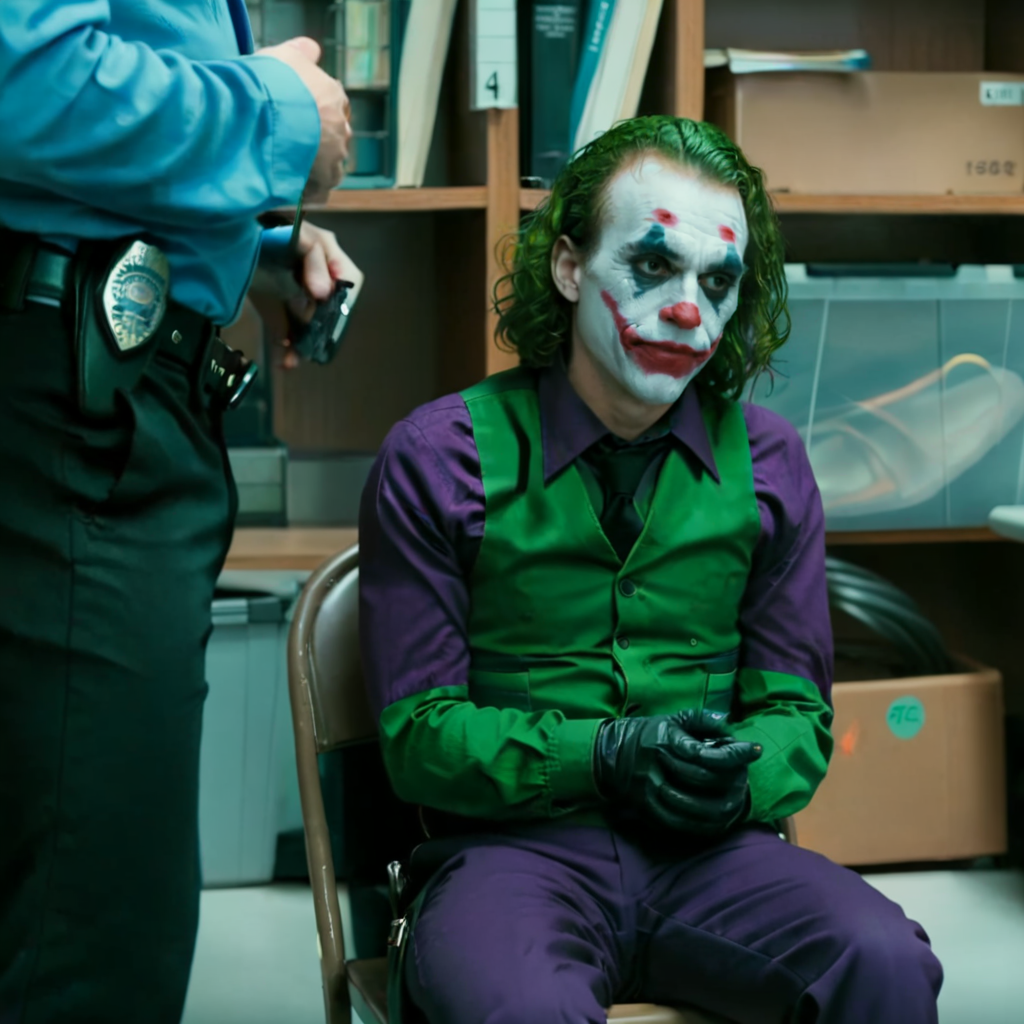 a joker sitting on a chair with a police officer <lora:smalltake:0.8>