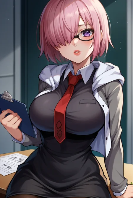 score_9, score_8_up, score_7_up, score_6_up, score_5_up, score_4_up, source_anime BREAK 1girl, solo, looking at viewer, cowboy shot, <lora:Mash_Kyrielight_Sdxl-10:0.9> Mash_Def, pink hair, short hair, purple eyes, hair over one eye, glasses, short dress, black dress, black skirt,  necktie, red necktie, wing collar,  jacket, open jacket, hooded jacket, grey jacket  hood down, black pantyhose, narrow waist, large breasts, skindentation, lips, blush, white tiles, laboratory, faculty, indoors, cinematic lightning, sitting, on table, clipboard, writing,