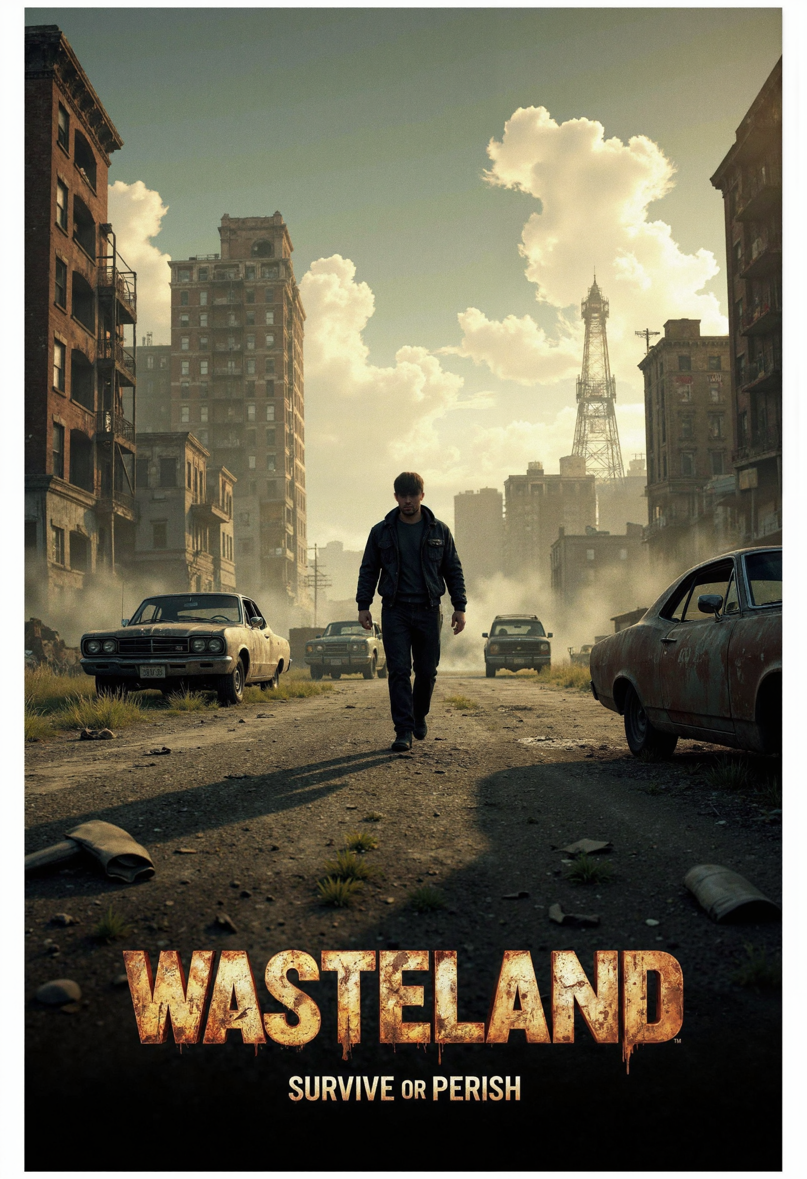 allposter, Create a dramatic poster for a post-apocalyptic RPG. Show a lone character walking through a desolate, ruined landscape, with abandoned vehicles and crumbling buildings around them. Use gritty, rusted typography for the game title, 'WASTELAND,' at the bottom with a metallic texture. Add the tagline, 'Survive or Perish,' in a distressed font to match the desolate theme<lora:Flux.1_Turbo_Detailer.safetensors:0.75:0.75> <lora:FLUX_All_Posters.safetensors:0.7000000000000001:0.7000000000000001>