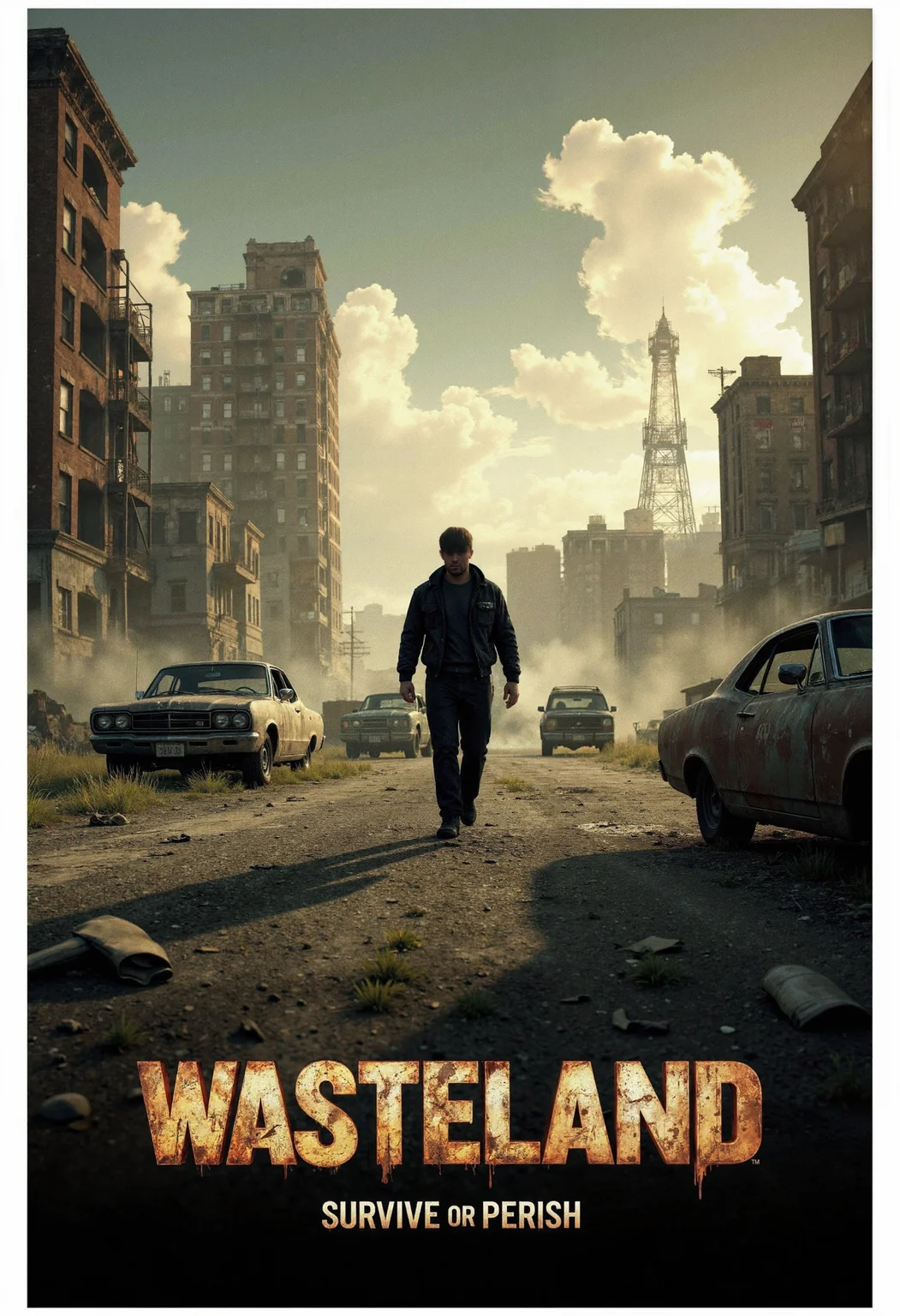 allposter, Create a dramatic poster for a post-apocalyptic RPG. Show a lone character walking through a desolate, ruined landscape, with abandoned vehicles and crumbling buildings around them. Use gritty, rusted typography for the game title, 'WASTELAND,' at the bottom with a metallic texture. Add the tagline, 'Survive or Perish,' in a distressed font to match the desolate theme<lora:Flux.1_Turbo_Detailer.safetensors:0.75:0.75> <lora:FLUX_All_Posters.safetensors:0.7000000000000001:0.7000000000000001>