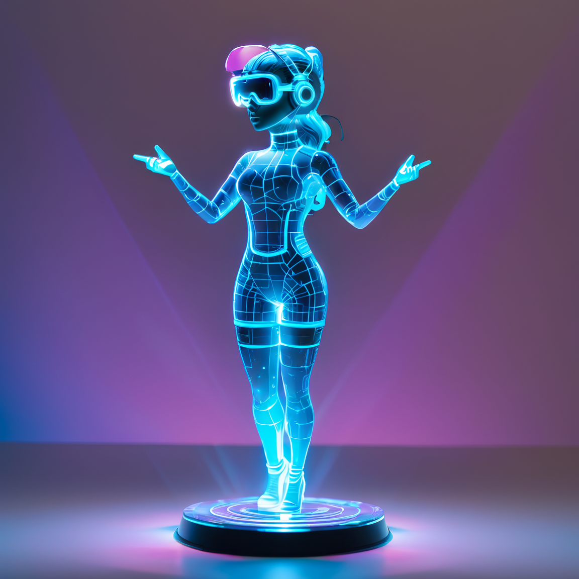 hologrameffect,holigraphic <lora:hologram_effect:1>, plastic funky pop figurine, product, studio shot, plain background, diffused lighting, centered