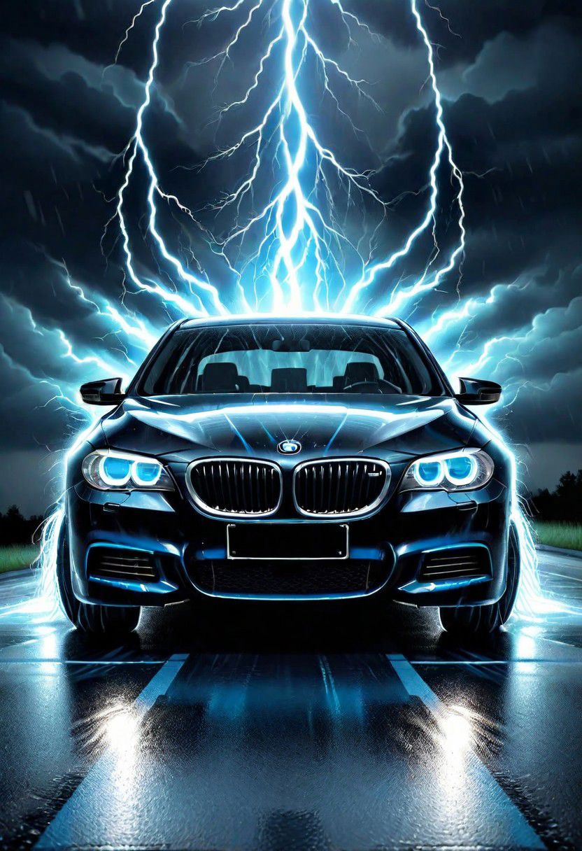 Highly detailed, shiny Black BMW 528i light blue underbody glow, light blue halo headlights shine in a thunderstorm, rain, storm, lightning, electric, 3/4 view, depth of field, cinematic, professional light, the front plate reads "Mike Hatcher <prompt>, Text "Mike Hatcher"