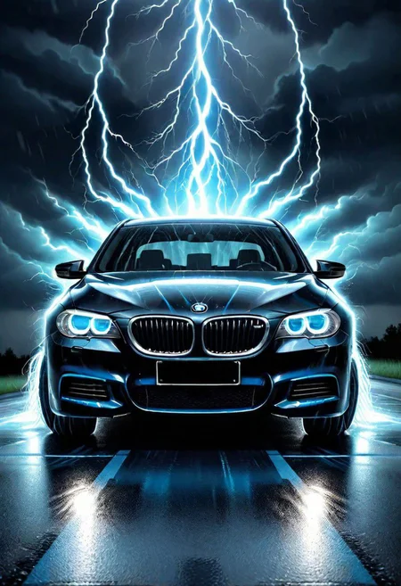 Highly detailed, shiny Black BMW 528i light blue underbody glow, light blue halo headlights shine in a thunderstorm, rain, storm, lightning, electric, 3/4 view, depth of field, cinematic, professional light, the front plate reads "Mike Hatcher <prompt>, Text "Mike Hatcher"