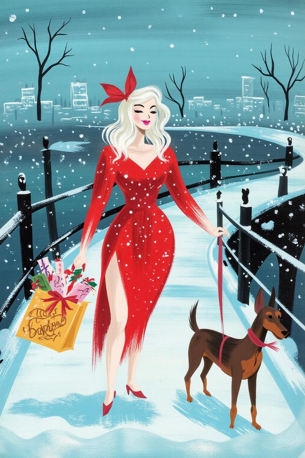 maryblair1 illustration.
A woman with long, wavy white hair is wearing a red dress with a high slit and a red bow in her hair. She is walking in the snow on a bridge, holding a shopping bag filled with wrapped presents in one hand and a leash attached to a dobermann dog in the other.  <lora:maryblair2_cap_d8a4:1.0><lora:846225286216321305:0>