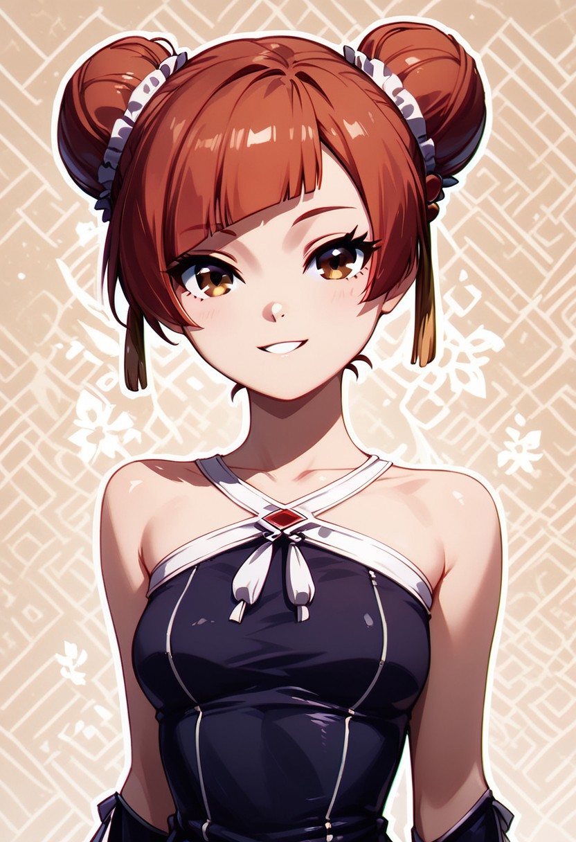 score_9, score_8_up, score_8, medium breasts, (curvy), cute, eyelashes,       BREAK, , 
,,,
zzLaufen, hair bun, double bun, red hair, short hair, brown hair, brown eyes, hair ornament, bare shoulders, black dress, collarbone,
,,,
smile, looking at viewer, 
,,,
abstract background, white outline, cowboy shot, 
,,,
zPDXL, Expressiveh,