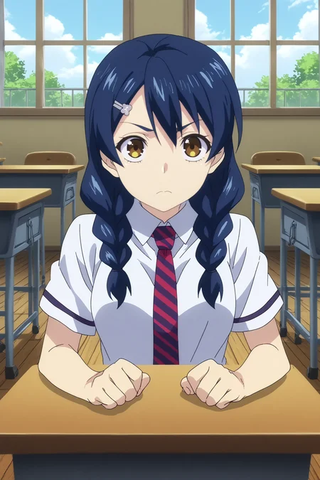 megumi tadokoro,1girl,solo,looking_at_viewer,twin braids,braid,yellow eyes,hair ornament,hair clip,school uniform,necktie,breasts,stripped necktie BREAK indoors,japanese classroom,classroom,simple decor, organized shelves, neat rows, kanji on the board,windows,blue sky,Wooden floors, low desks, chalkboard, sliding doors, sunlight, quiet, neat rows, plants Covering body with hands, <lora:Megumi_Tadokoro_-_Food_Wars.safetensors:0.8> <lora:detailed_backgrounds_v2.safetensors:0.8>