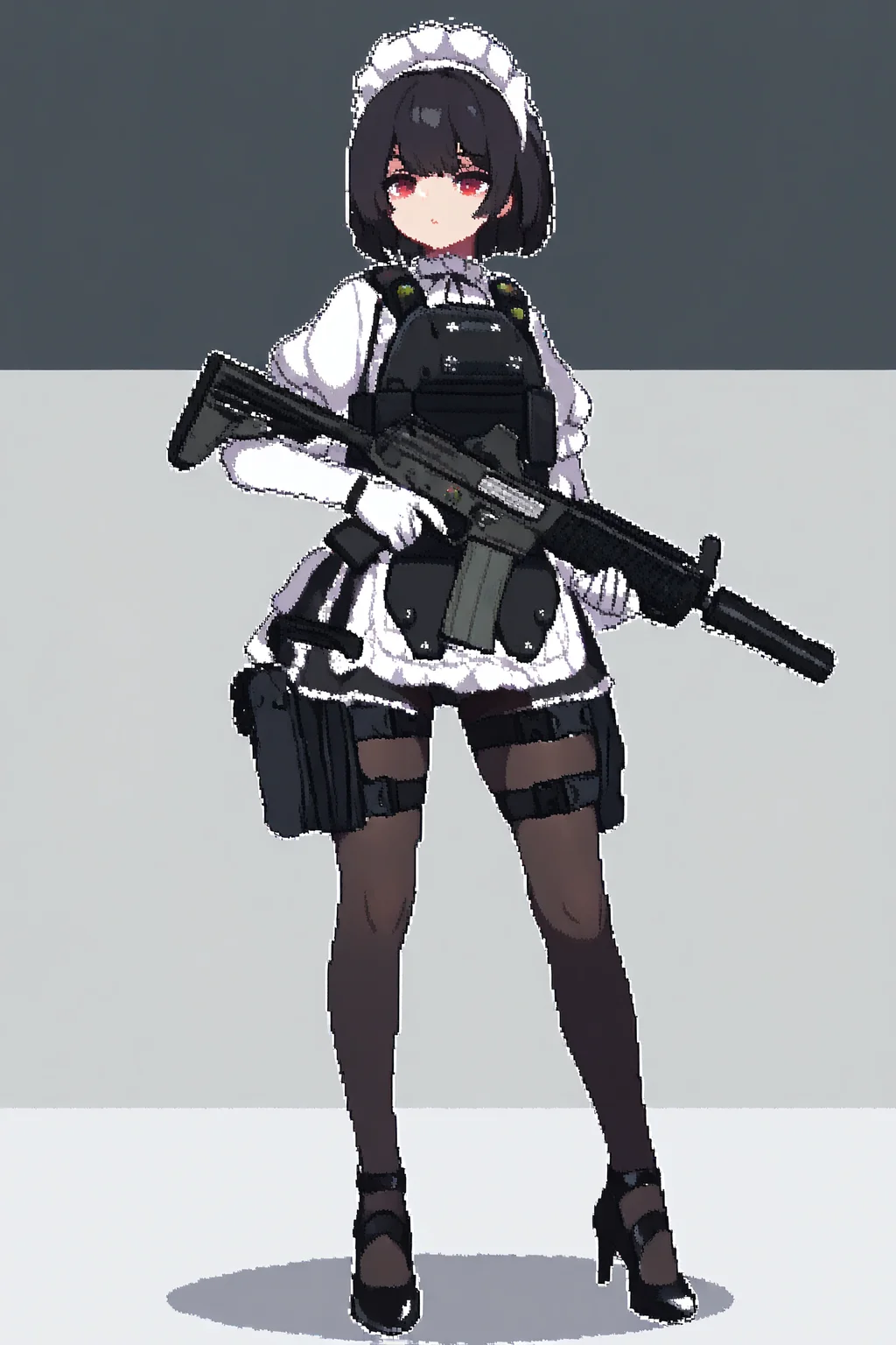 masterpiece, best quality, Pixel_Art, 1girl, solo, black tactical plate carrier, expressionless, black short hair, bob cut, maid outfit, pantyhose, black high heels, holding tactical assault rifle with both hands, white gloves, red eyes, thigh gun holster, full body, <lora:Pixel_Art:1>