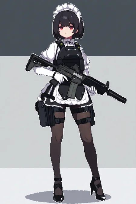 masterpiece, best quality, Pixel_Art, 1girl, solo, black tactical plate carrier, expressionless, black short hair, bob cut, maid outfit, pantyhose, black high heels, holding tactical assault rifle with both hands, white gloves, red eyes, thigh gun holster, full body, <lora:Pixel_Art:1>