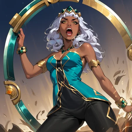 score_9,score_8_up,score_7_up,masterpiece,best quality,amazing quality, absurdres, source_anime, <lora:super_scream_pdxl_v3_:0.8> super_scream, <lora:Qiyana_Clasic:1> qiyana, dark-skinned female, jewelry, bare shoulders, tiara, bracelet, cleavage, armlet, necklace, dress, nail polish, medium breasts, black pants, thighs, arms at side, tantrum, yellow eyes, weapon, hoop, ring blade