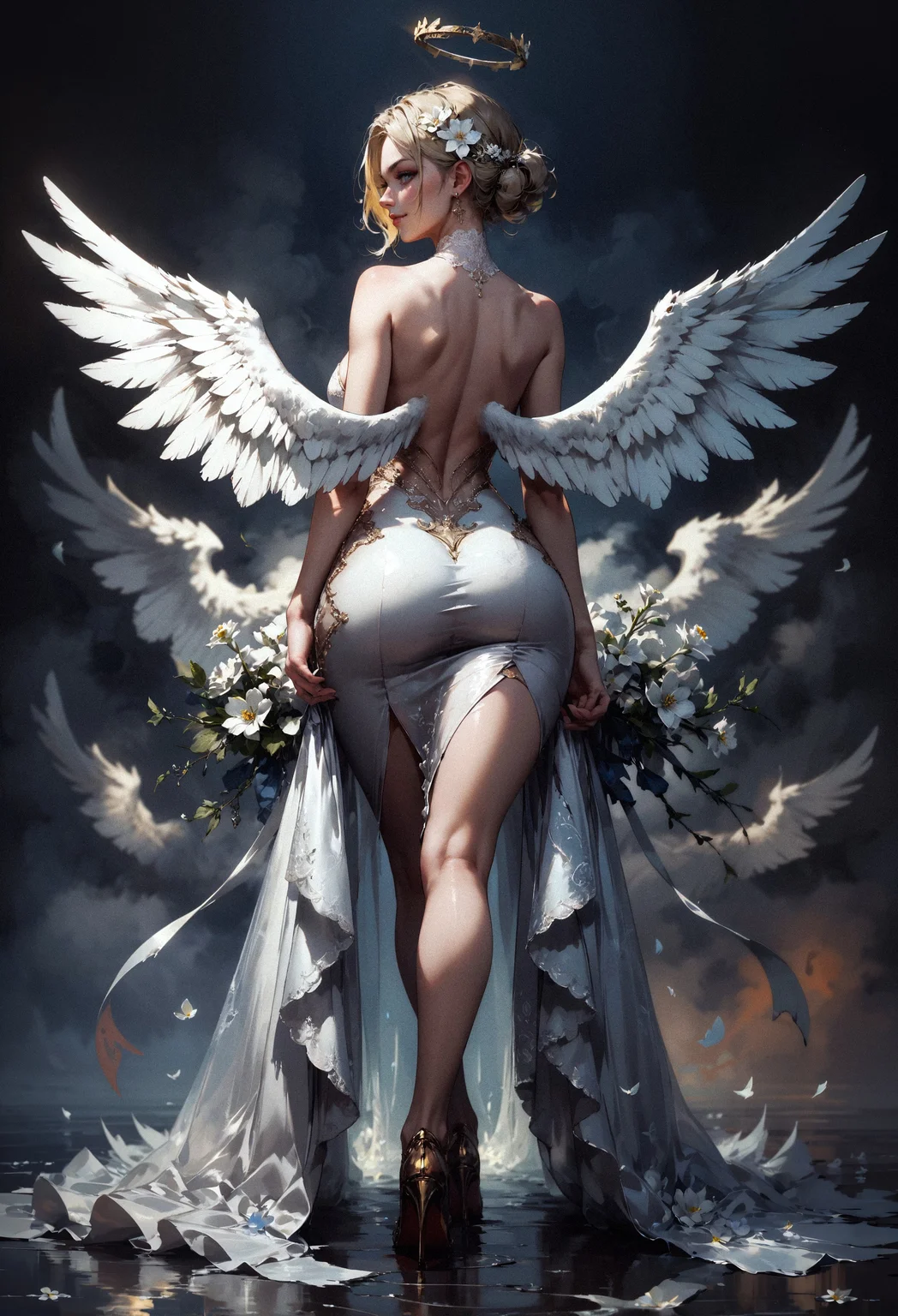 score_9, score_8_up, score_7_up, score_6_up, score_5_up, score_4_up, 1girl, curvy, white angel wings, large wings, giant wings, back view, ass, standing, looking back at viewer, large natural breasts, high heels, smirk, white flowers, white flower ornament, arching, short blonde hair, intricate fabrics, satin, velvet, (black background:1.2)