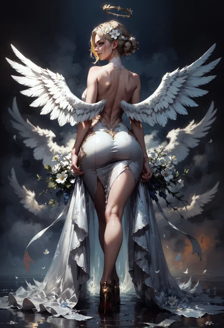 score_9, score_8_up, score_7_up, score_6_up, score_5_up, score_4_up, 1girl, curvy, white angel wings, large wings, giant wings, back view, ass, standing, looking back at viewer, large natural breasts, high heels, smirk, white flowers, white flower ornament, arching, short blonde hair, intricate fabrics, satin, velvet, (black background:1.2)