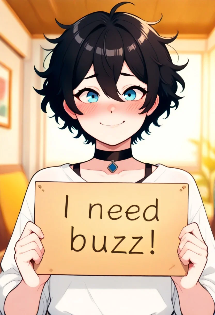 uncensored, score 9 up, score 8 up, need_buzz, holding sign
 <lora:[Nuteku] My Femboy Roomate (Robin) Character PonyXL:1>,robinfemboy, black hair, short hair, blue eyes, otoko no ko, male focus, looking at viewer, indoors, hair between eyes, blush, messy hair, smile, blurry background, closed mouth, black choker