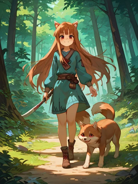 PDXL, <lora:HoloV1:1>, h0l0, holo \(spice and wolf\), 1girl, cute face, detailed eyes,
walking through a forest