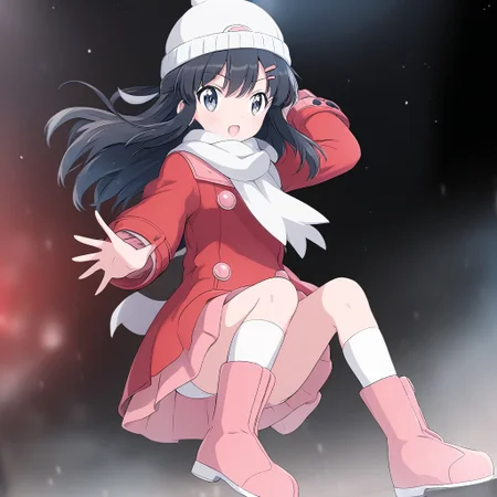 Open-Air Concert,(solo),hikari(Pokémon Platinum Version),black long hair,white beanie,pink hairclip,white scarf,four pink buttons on red winter coat,white kneehighs, pink boots,(filename)