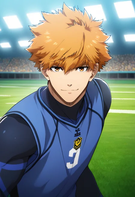1boy, male focus,
<lora:Character_-_Blue_Lock_-_Rensuke_Kunigami:1> rensuke, brown eyes, orange hair
((zPDXL)), score_9_up, score_8_up, score_7_up, score_6_up, score_5_up, score_4_up, best quality, amazing quality, best aesthetic, absurdres, year2023, nsfw, game cg, official art, official style, uncensored,
indoors, soccer field, depth of field, upper body, facing facing viewer, looking at viewer, bodysuit,