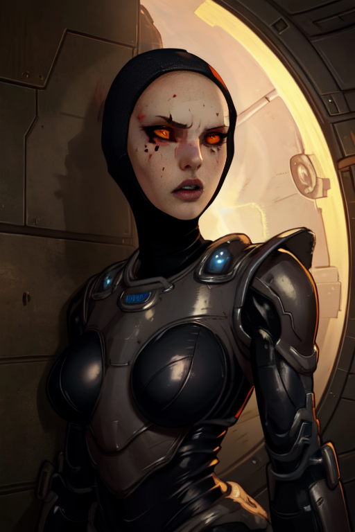 Scorpion, black armor, armored breasts,   black sclera, orange eyes,   bald cap,  upper body,   against wall,  
space ship,  oil, dim lights,  
(insanely detailed, beautiful detailed face,  masterpiece, beautiful detailed  eyes, best quality) <lora:Scorpion-09:0.7>