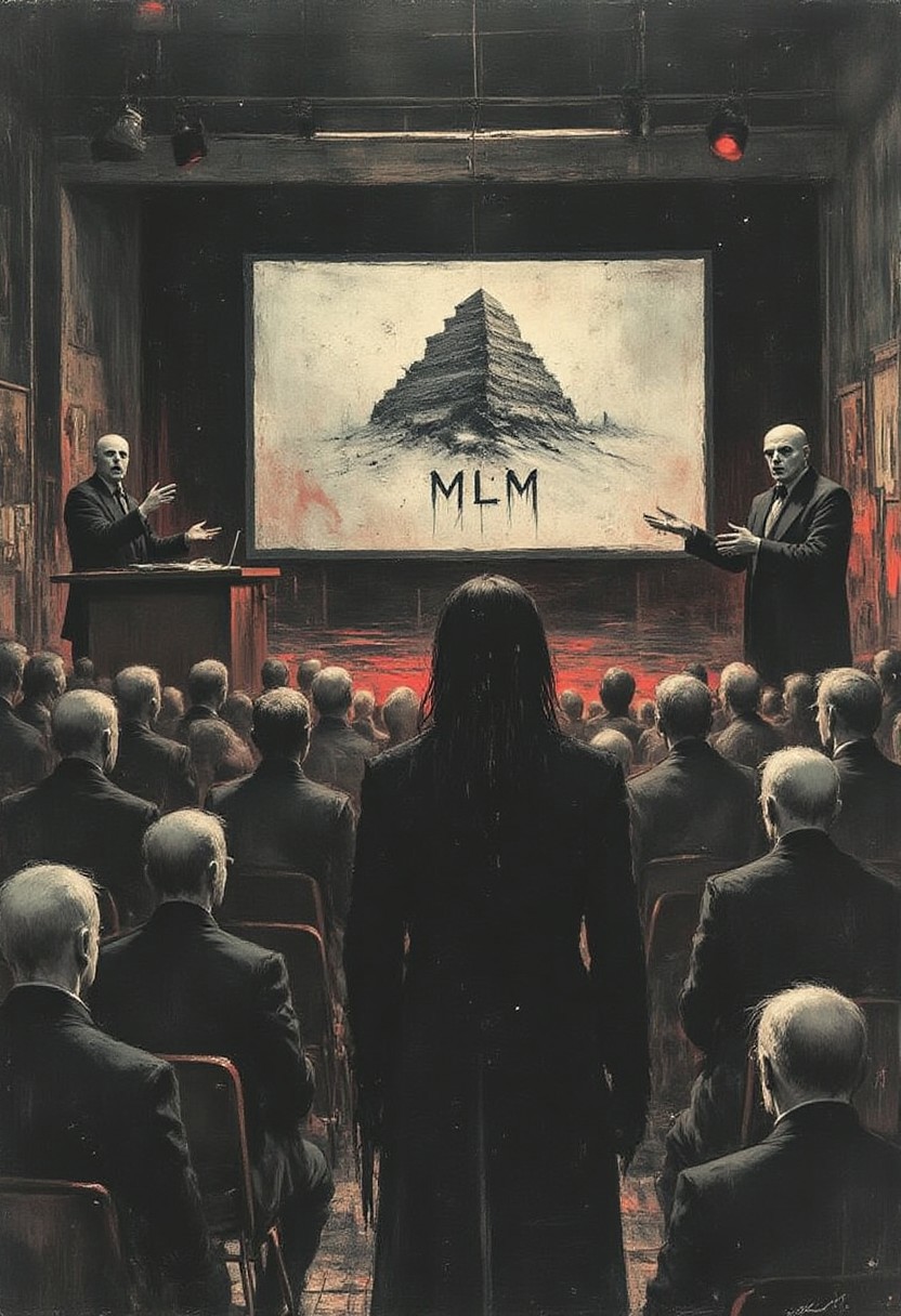 apoca1 illustration. professional evil looking woman on stage giving a presentation to an audience. The presentation is titled "MLM" with pyramid symbolism below the title.
