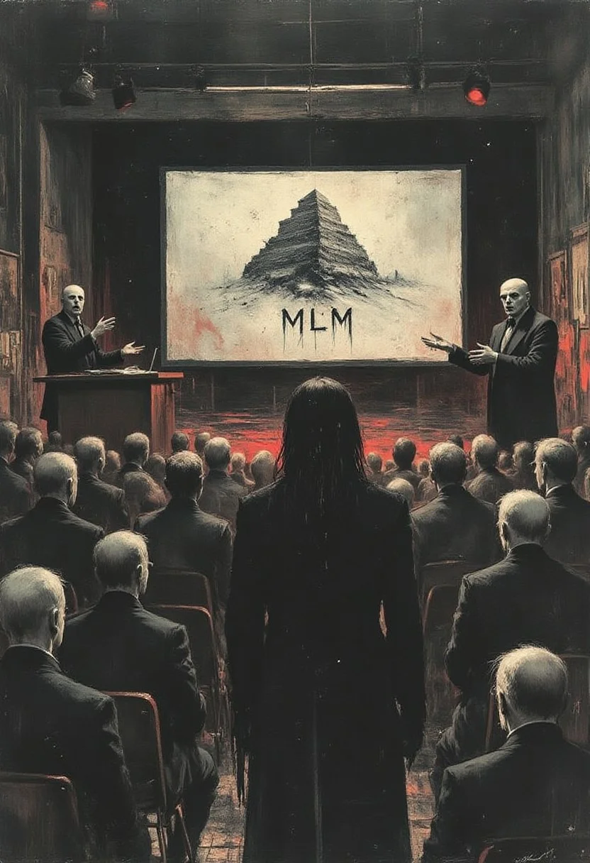 apoca1 illustration. professional evil looking woman on stage giving a presentation to an audience. The presentation is titled "MLM" with pyramid symbolism below the title.