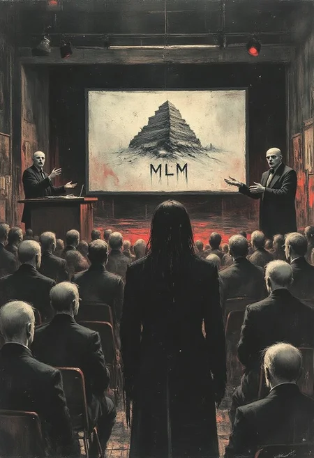 apoca1 illustration. professional evil looking woman on stage giving a presentation to an audience. The presentation is titled "MLM" with pyramid symbolism below the title.